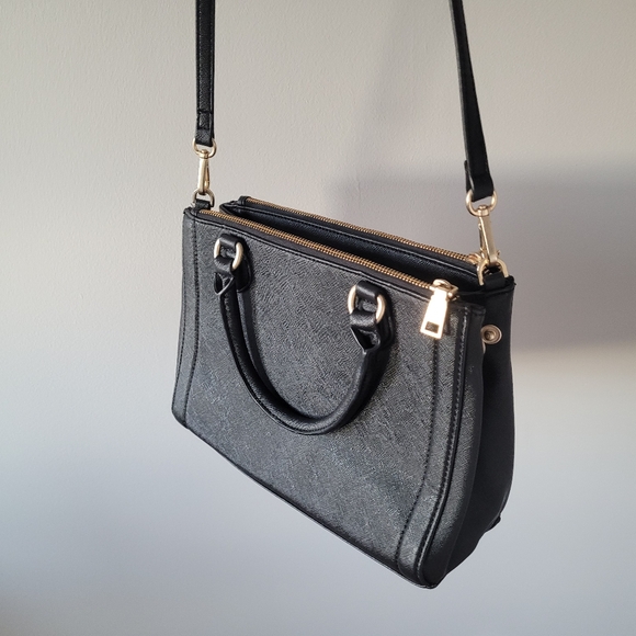 Black Gold Zip Saffiano Galleria Satchel Crossbody Top Handle Katie Judith Bag - Picture 10 of 12